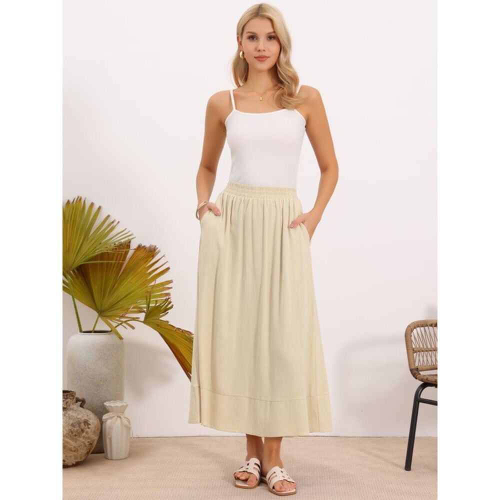 Women's Linen Skirt Summer Casual High Elastic Waist A-Line Midi Skirts Apricot - Picture 4 of 6